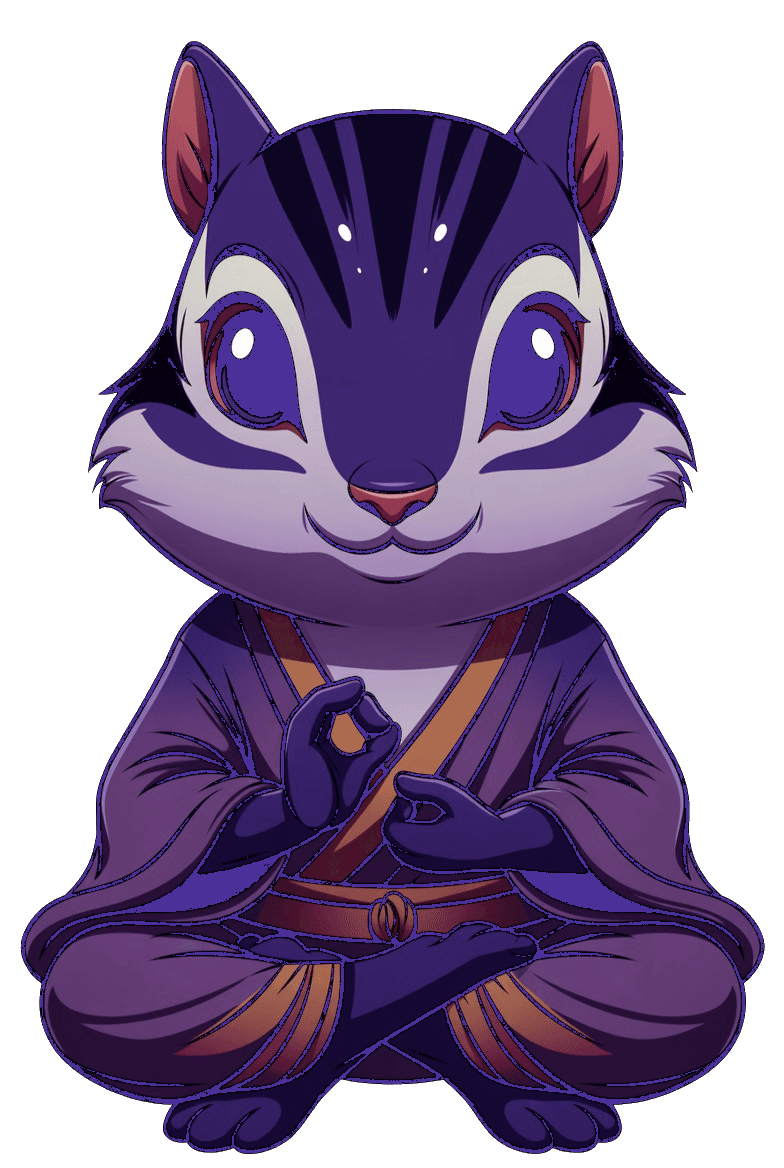 PurpleChipMonk mascot — a purple chipmunk monk in meditation